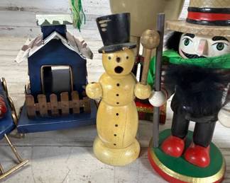Lot #108 Christmas Decor Lot Nutcrackers Viking Snowman Wooden Train Village House