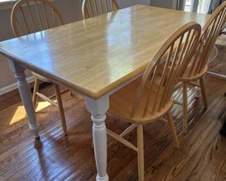Lot #11 Farmhouse Dining Table Set 4 Windsor Spindle Chairs Butcher Block Top White Legs