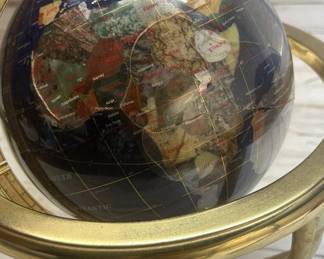 Lot #89 Gemstone Inlay World Globe Lapis Lazuli Ocean Gold Brass Tripod Stand 12in