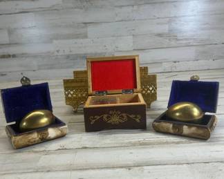 Lot #87 Vintage Japanese Music Box Gold Filigree Red Velvet + 2 Bone Brass Egg Boxes