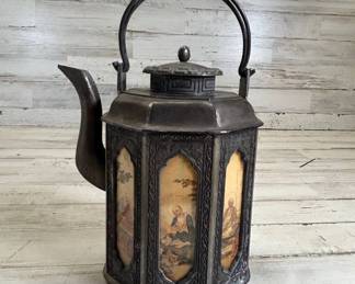 Lot #119 Antique Chinese Pewter Octagonal Teapot Painted Arhat Panels Greek Key Lid