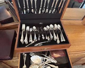 Lot #30 Silver Plate Flatware Set 80+ Pcs Baroque Floral Pattern Wood Chest Serving