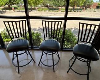 Lot #110 Set of 3 Black Metal Swivel Bar Stools Slat Back Faux Leather Seat Counter