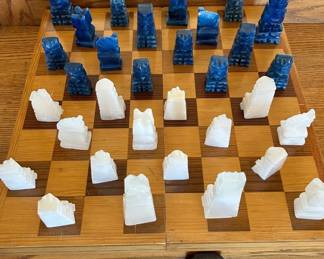 Lot #22 Vintage Aztec Mayan Carved Onyx Marble Chess Set Blue White Stone Pieces Wood Board