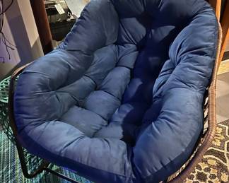 Lot #15 Papasan Rocking Chair Set 2 Wicker Rattan Steel Frame Navy Blue Cushion Patio