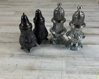 Lot #106 Antique Silver Plate Salt Pepper Shakers 4pc Repousse Rose Baroque Ornate