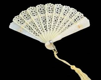 Carved Celluloid Fan with Tassel
