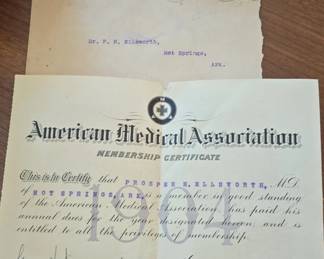 American Medical Association Membership Certificate for Dr. Prosper H. Ellsworth