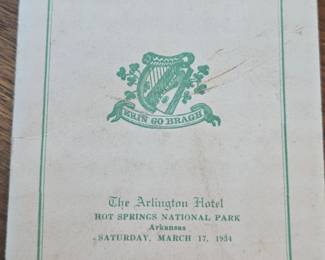 The Annual St. Patricks Day Ball Program  The Arlington Hotel, Hot Springs National Park,