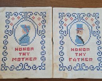 Vintage Honor Thy Father and Thy Mother CrossStitch Samplers Set of 