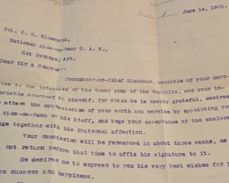 Grand Army of the Republic Appointment Letter Signed by Wilmon W. Blackmar