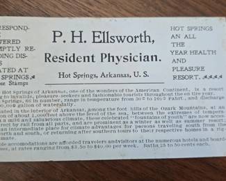 P. H. Ellsworth, M.D. Resident Physician Hot Springs, Ark. Card second image