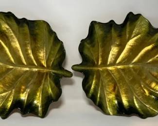 S3217KM Vintage Pair of Iridescent Metallic Green LeafShaped Serving Trays