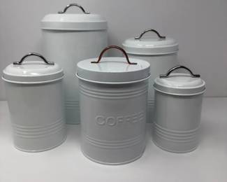 S3262KD Set of 5 White Enameled Metal Kitchen Storage Canisters