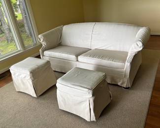 Slip Covered Sofa with Matching Ottomans