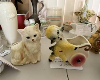 Napco Kitten planter & 1960s Inarco Japan lamb and cart ceramic planter