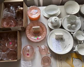 Various pieces of Jeanette Glass Co. Pink Depression Glass Cherry Blossom pattern and Easterlin Ceres Fine China set Wheat Sheaf Pattern