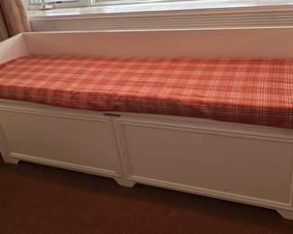 White Storage Bench with Plaid Cushion