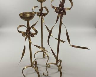 Gold Toned Metal Candelabra with Bow and Holly Motif