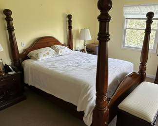 Ethan Allen Style Dark Wood Four-Poster Bed Frame