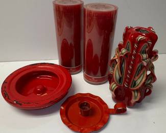 Red Carved Pillar Candle Set with Red Metal Candlestick Holders