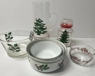 Christmas Tree and Holly Berry Pattern Glassware and Enamelware Set