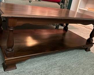 Dark Wood Coffee Table with Turned Legs and Shelf