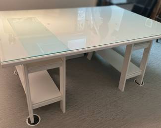 Modern White Writing Desk with Glass Top and Shelving