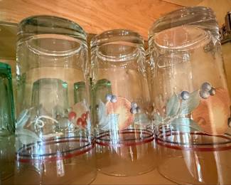 Vintage Christmas Decorated Glass Tumblers and Green Faceted Tumblers