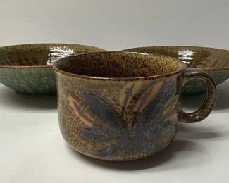 Otagiri Japan Green Speckle Glaze Wheat Pattern Stoneware Soup Bowl and Mug Set