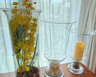 Set of 3 Clear Glass Vases with Yellow Floral Arrangement and Candle