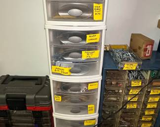 Assorted Hardware and Fasteners Collections with Storage Bins