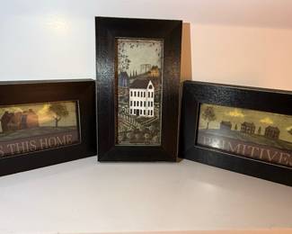 Set of 3 Primitive Farmhouse Style Framed Art Pieces