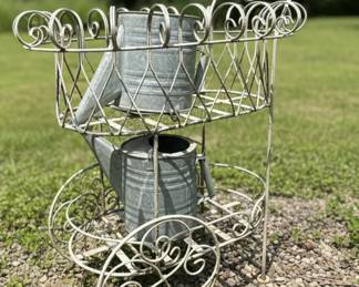 White Scroll Metal Plant Stand with Watering Cans