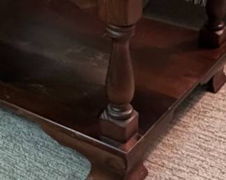 Dark Wood Coffee Table with Turned Legs and Shelf
