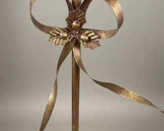 Gold Toned Metal Candelabra with Bow and Holly Motif