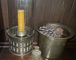 Brass Hurricane Candle Holder and Embossed Bell