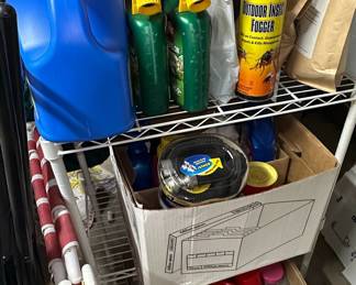 Ortho Outdoor Insect Fogger and Assorted Garden/Cleaning Supplies with Wire Shelf