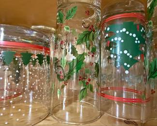 Vintage Christmas Decorated Glass Tumblers and Green Faceted Tumblers