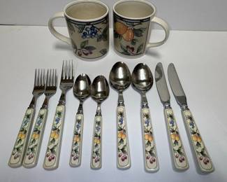 Assorted Mikasa Intaglio Garden Harvest Fruit Pattern Mugs and Flatware