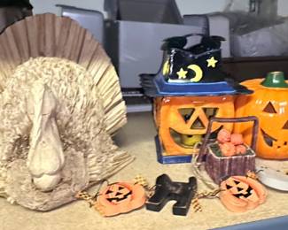 Halloween Ceramic Pumpkins and Thanksgiving Turkey Decor