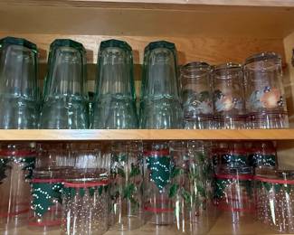 Vintage Christmas Decorated Glass Tumblers and Green Faceted Tumblers