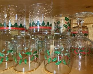 Vintage Christmas Decorated Glass Tumblers and Green Faceted Tumblers