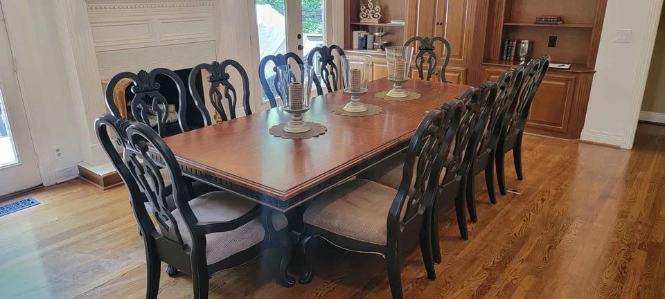 Magnificent Dining Room Table w 10 Chairs - 108 x 46 x 30 inches  2 leafs, 15 inches wide ea $1500
