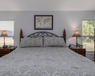 King bed w/wrought iron headboard, 2 nightstands, floor mirror