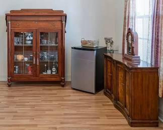 Mini fridge, antique storage cabinet, sideboard