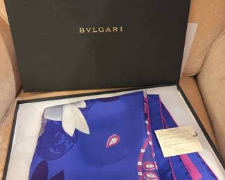 Bulgari Silk Foulard Scarf with White Lilies, Trailing Pink Buds and Cascading Foliage on Royal Blue Center NEW WITH TAGS NIB