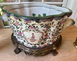 Chinoiserie Style Porcelain Cachepot Jardinière with Bronze Base