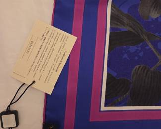 Bulgari Silk Foulard Scarf with White Lilies, Trailing Pink Buds and Cascading Foliage on Royal Blue Center NEW WITH TAGS NIB