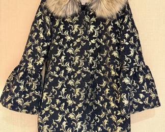 Champagne by Strawberry Metallic Brocade Coat with Faux Fur Collar & Bell Sleeves